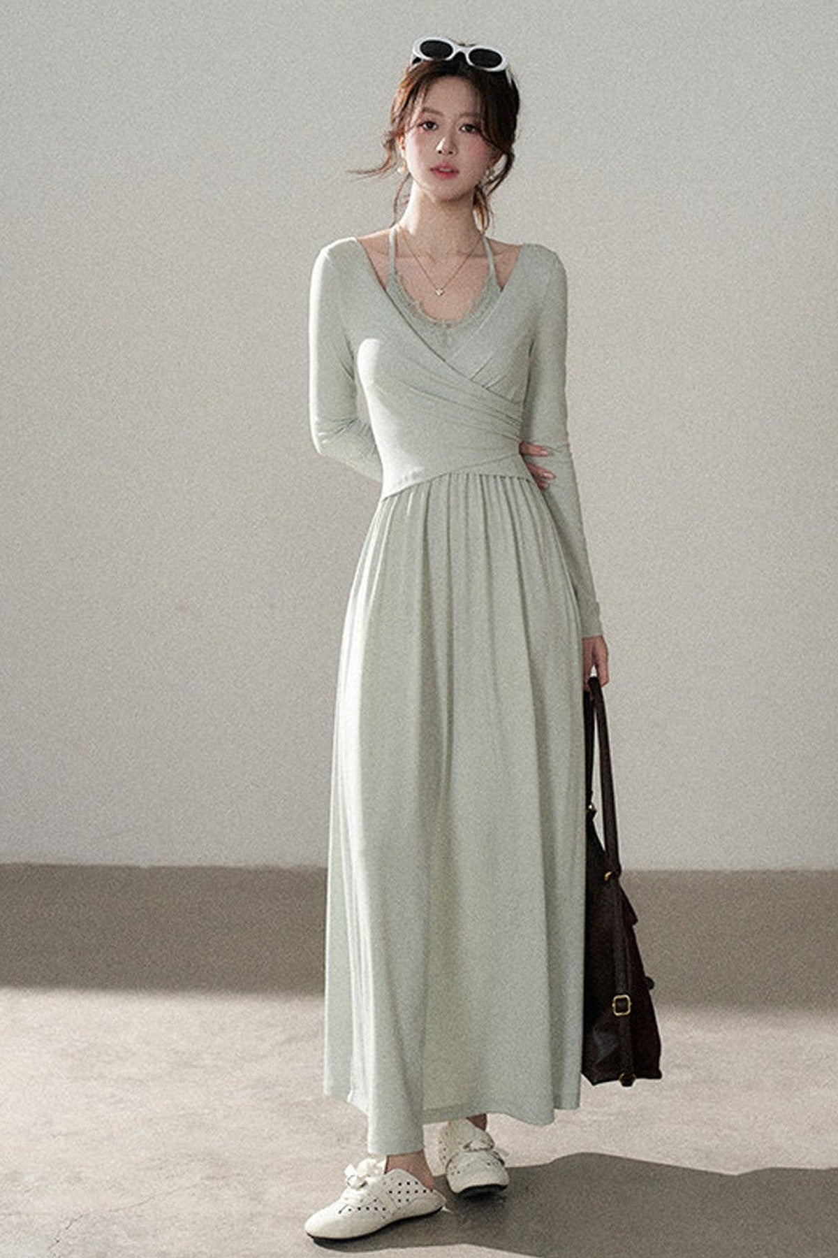 Long Sleeve V-Neck Lace Knit Dress