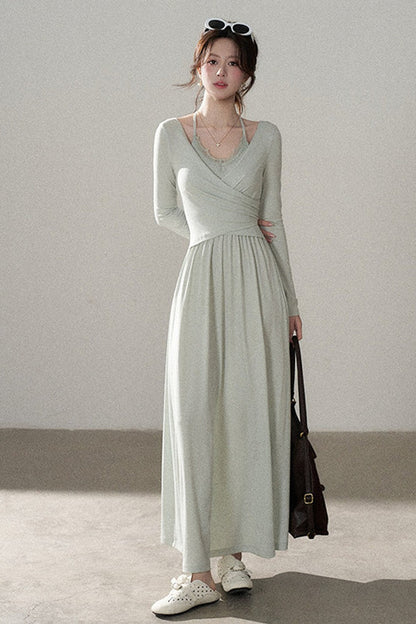 Long Sleeve V-Neck Lace Knit Dress