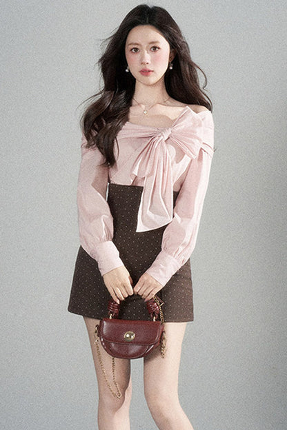One-Shoulder Bow Long Sleeve Blouse