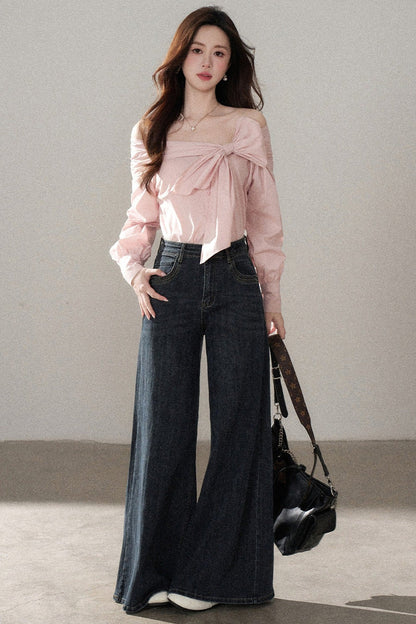 One-Shoulder Bow Long Sleeve Blouse