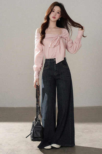 One-Shoulder Bow Long Sleeve Blouse