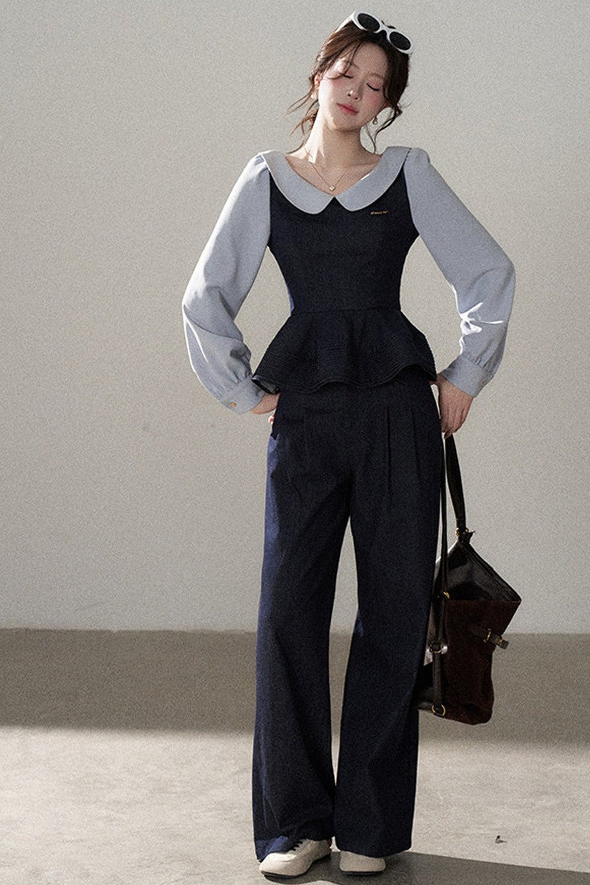 Doll Collar Shirt and Wide-Leg Pants Set-Up