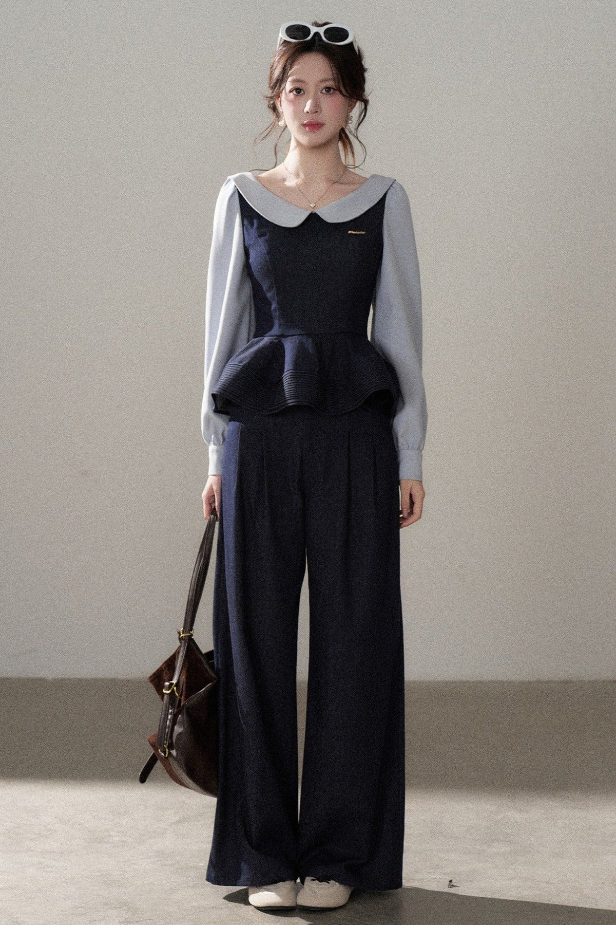 Doll Collar Shirt and Wide-Leg Pants Set-Up