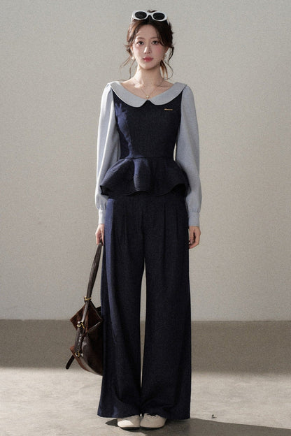 Doll Collar Shirt and Wide-Leg Pants Set-Up