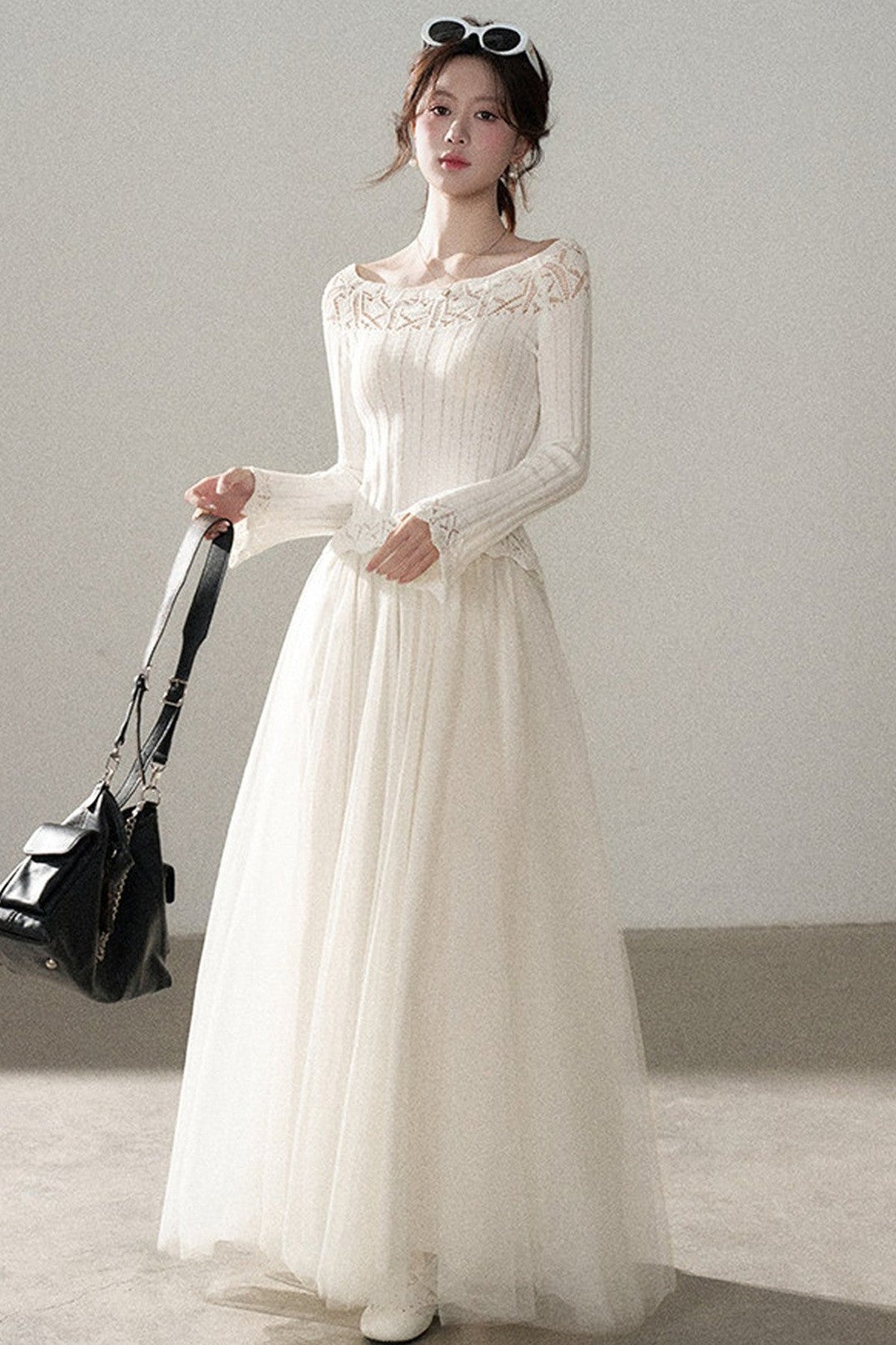 Off-Shoulder Lace Hollow-Out Knit Pullover