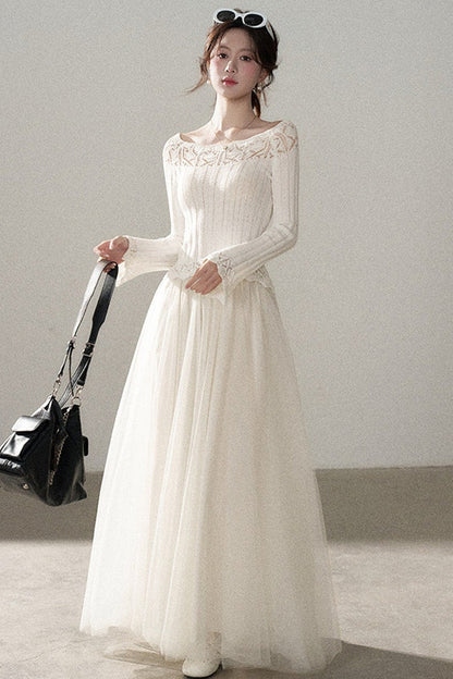 Off-Shoulder Lace Hollow-Out Knit Pullover