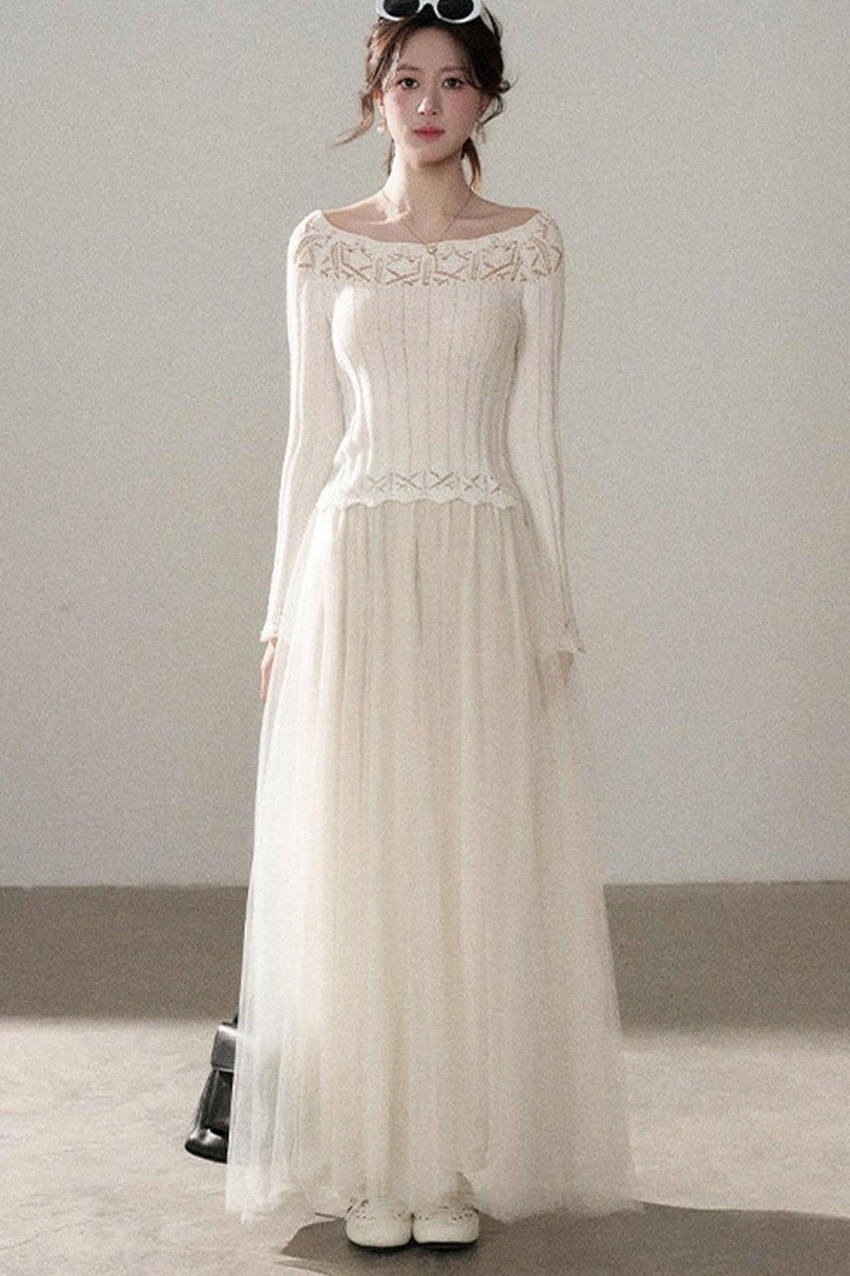 Off-Shoulder Lace Hollow-Out Knit Pullover