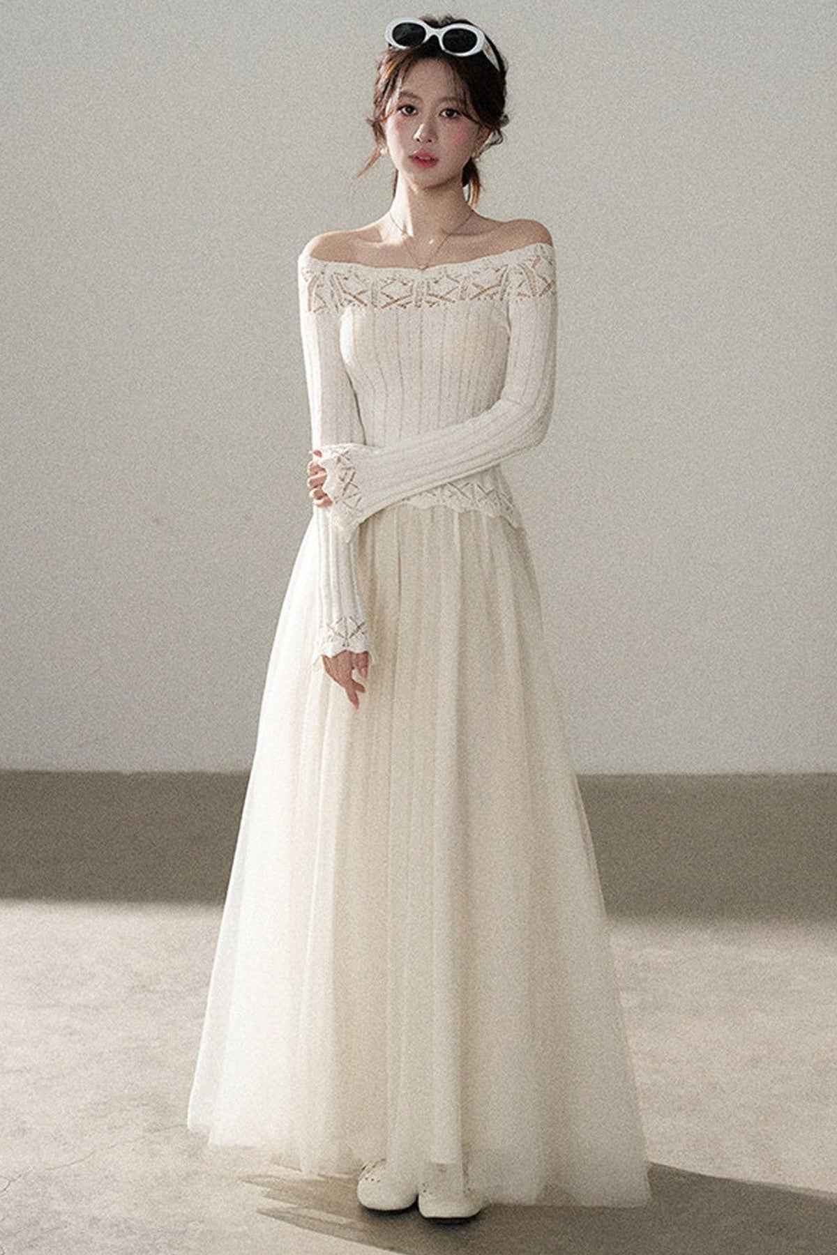 Off-Shoulder Lace Hollow-Out Knit Pullover