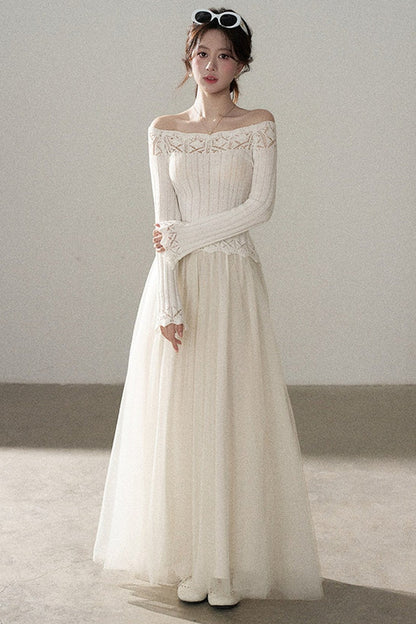 Off-Shoulder Lace Hollow-Out Knit Pullover