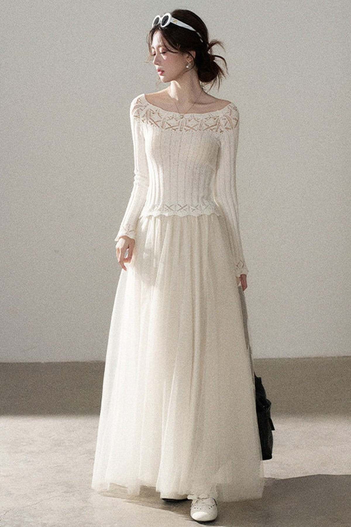 Off-Shoulder Lace Hollow-Out Knit Pullover