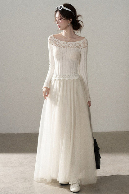 Off-Shoulder Lace Hollow-Out Knit Pullover