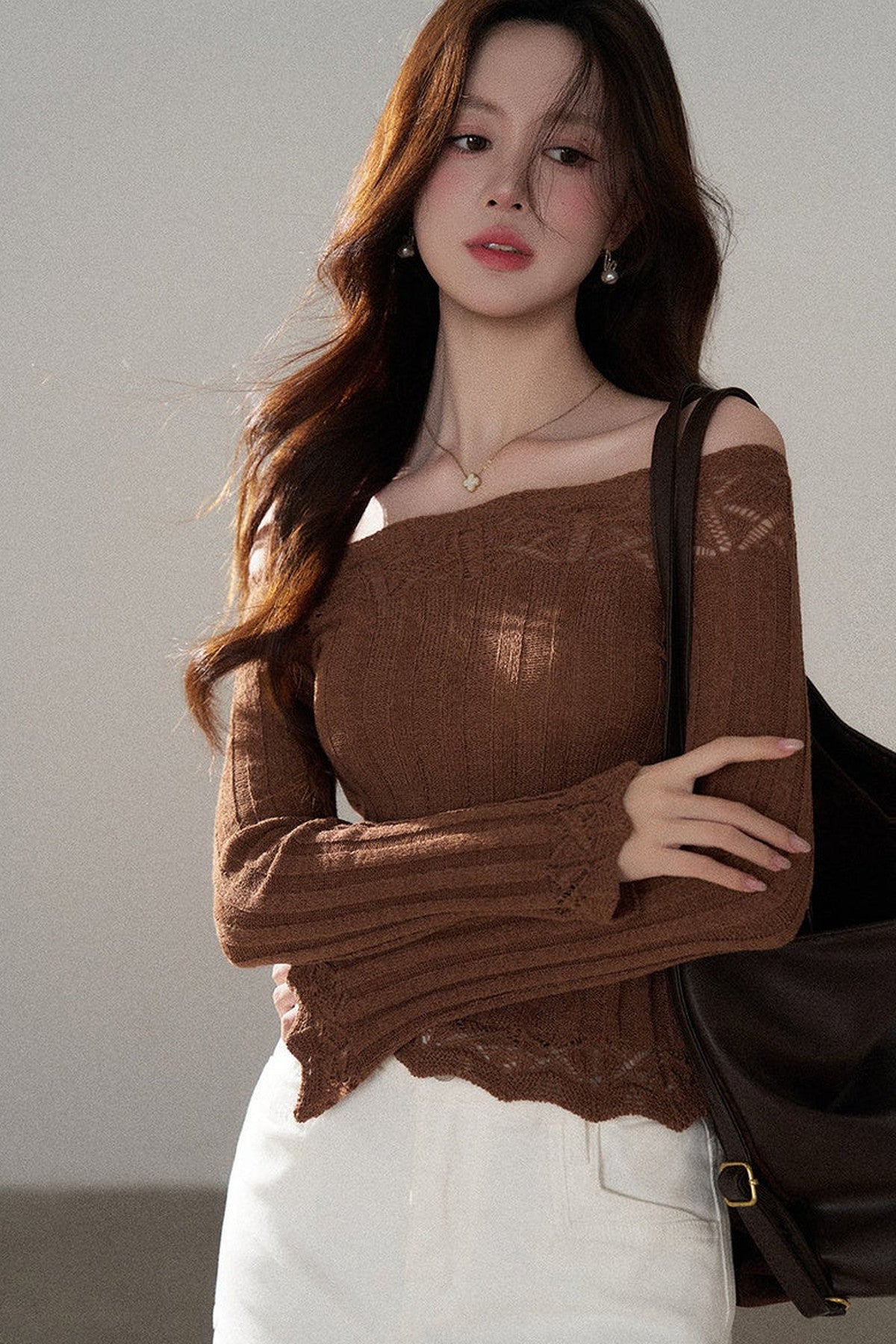 Off-Shoulder Lace Hollow-Out Knit Pullover