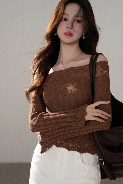 Off-Shoulder Lace Hollow-Out Knit Pullover