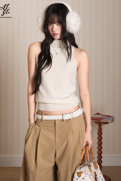 Layered High-Neck Vest and Tie-Up Cardigan Set-Up