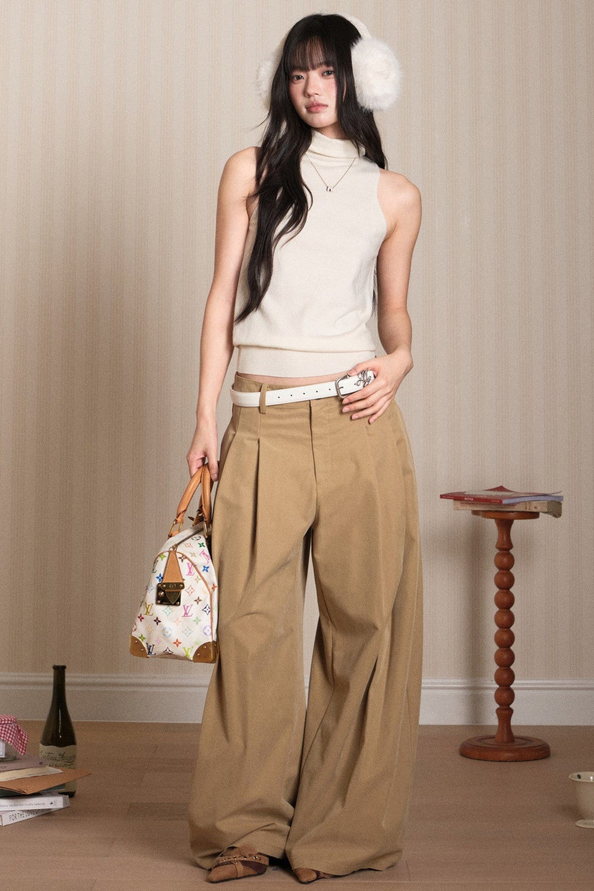 Layered High-Neck Vest and Tie-Up Cardigan Set-Up