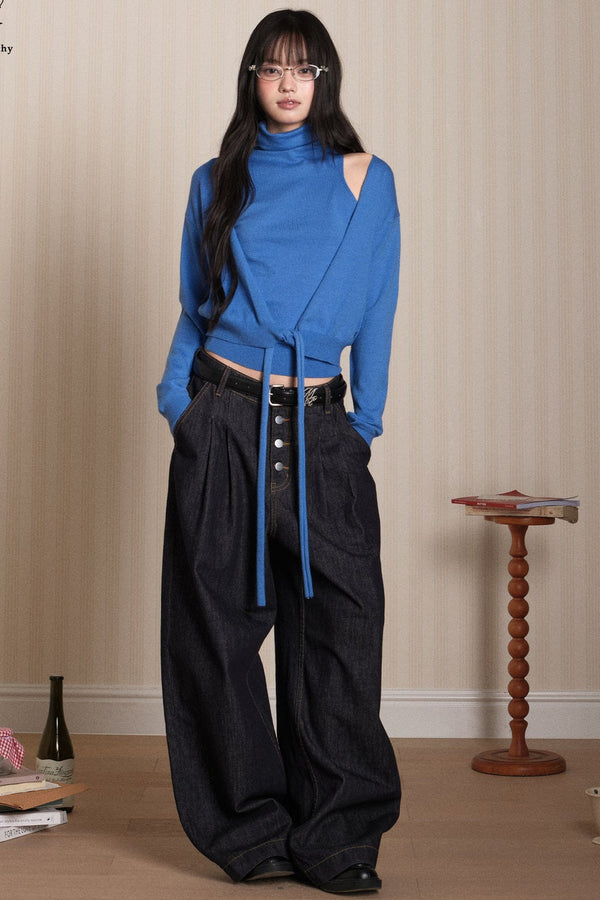 Layered High-Neck Vest and Tie-Up Cardigan Set-Up