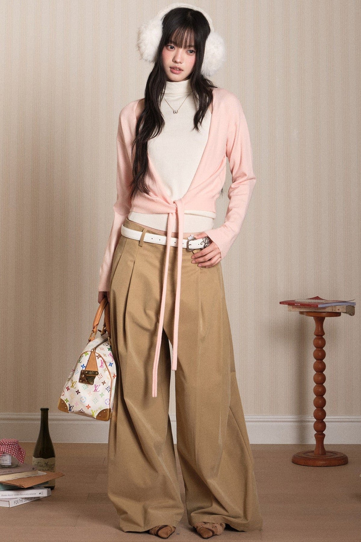 Layered High-Neck Vest and Tie-Up Cardigan Set-Up