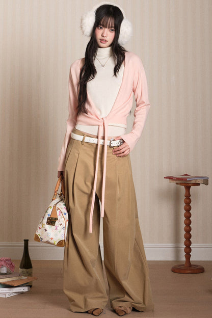 Layered High-Neck Vest and Tie-Up Cardigan Set-Up