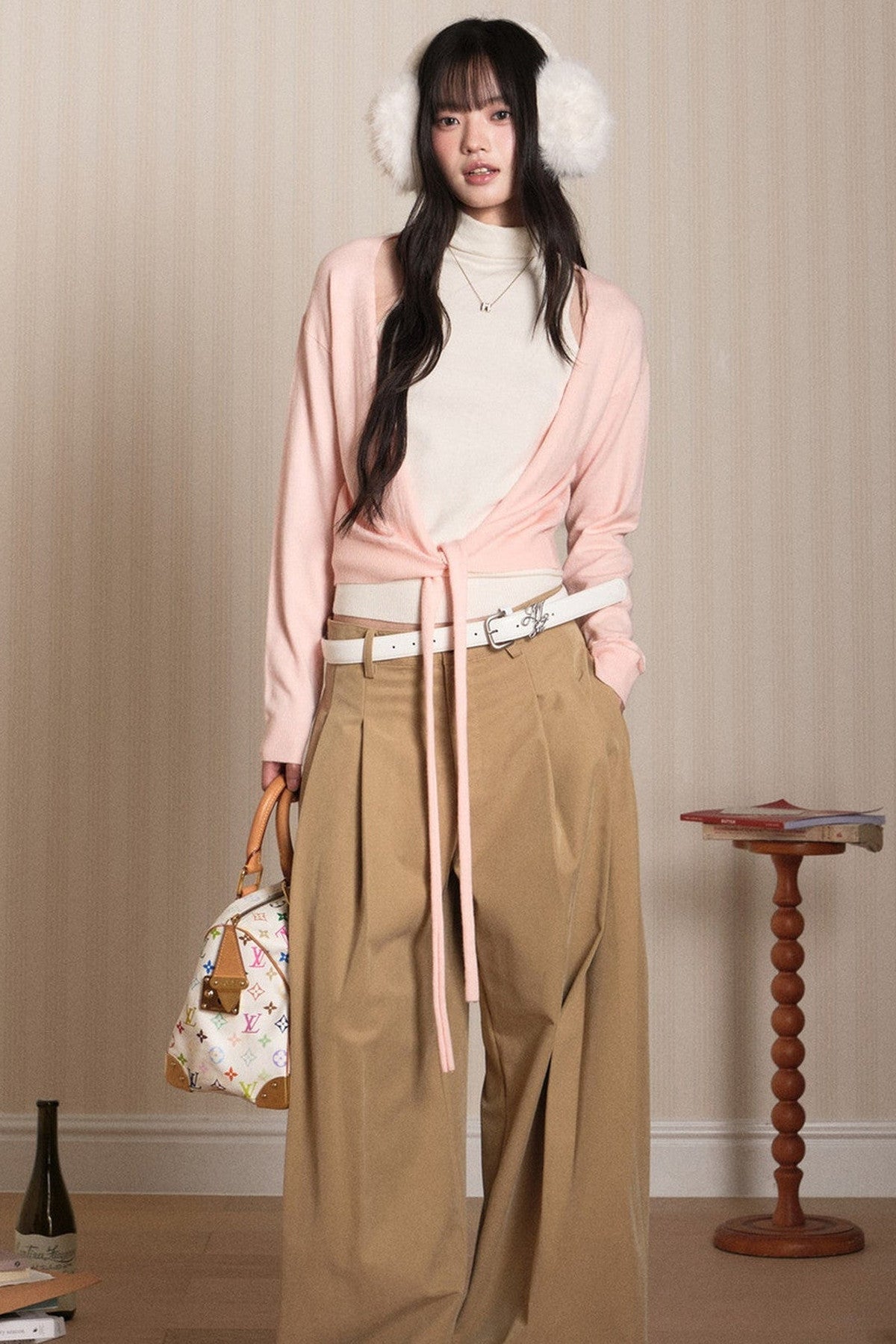 Layered High-Neck Vest and Tie-Up Cardigan Set-Up