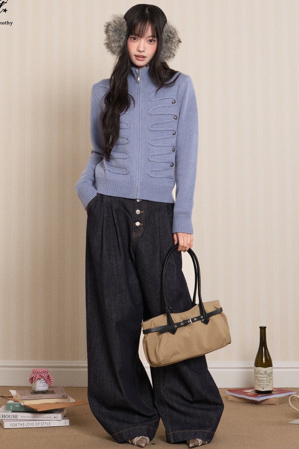 Napoleon Style Zipper Knit Cardigan