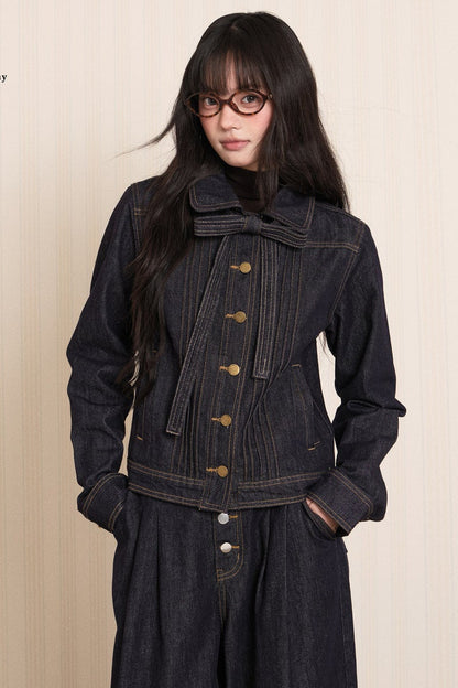 Washed Denim Lapel Tie Jacket