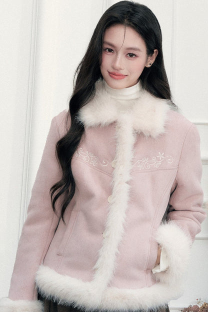 Embroidered Suede Faux Fur Jacket