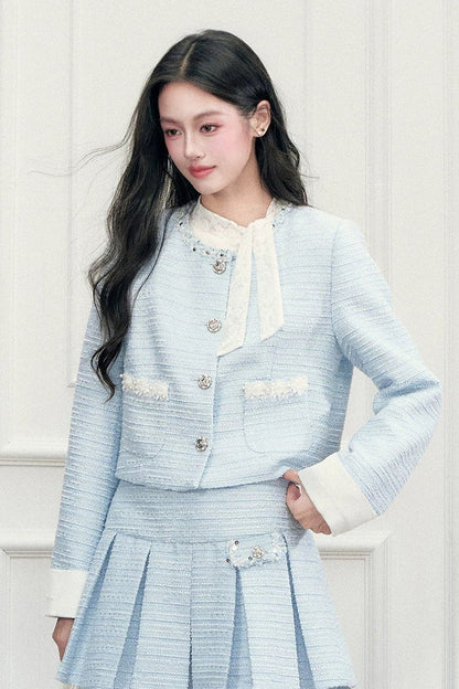 Beaded Tweed Jacket Pleated Skirt Set-Up