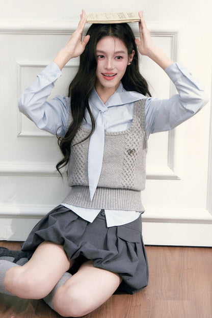 Pleated Skirt Shirt Vest Set-Up