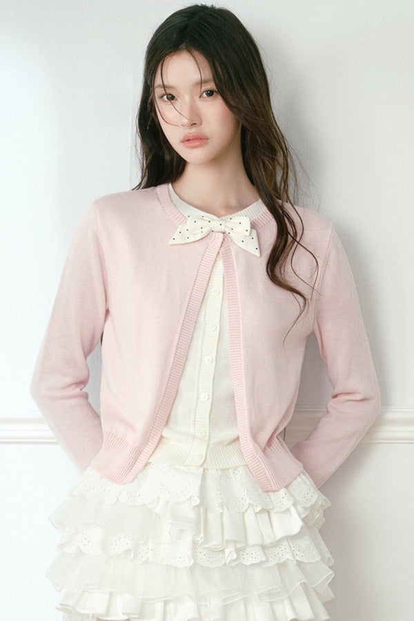 Polka Dot Bow Knit Cardigan