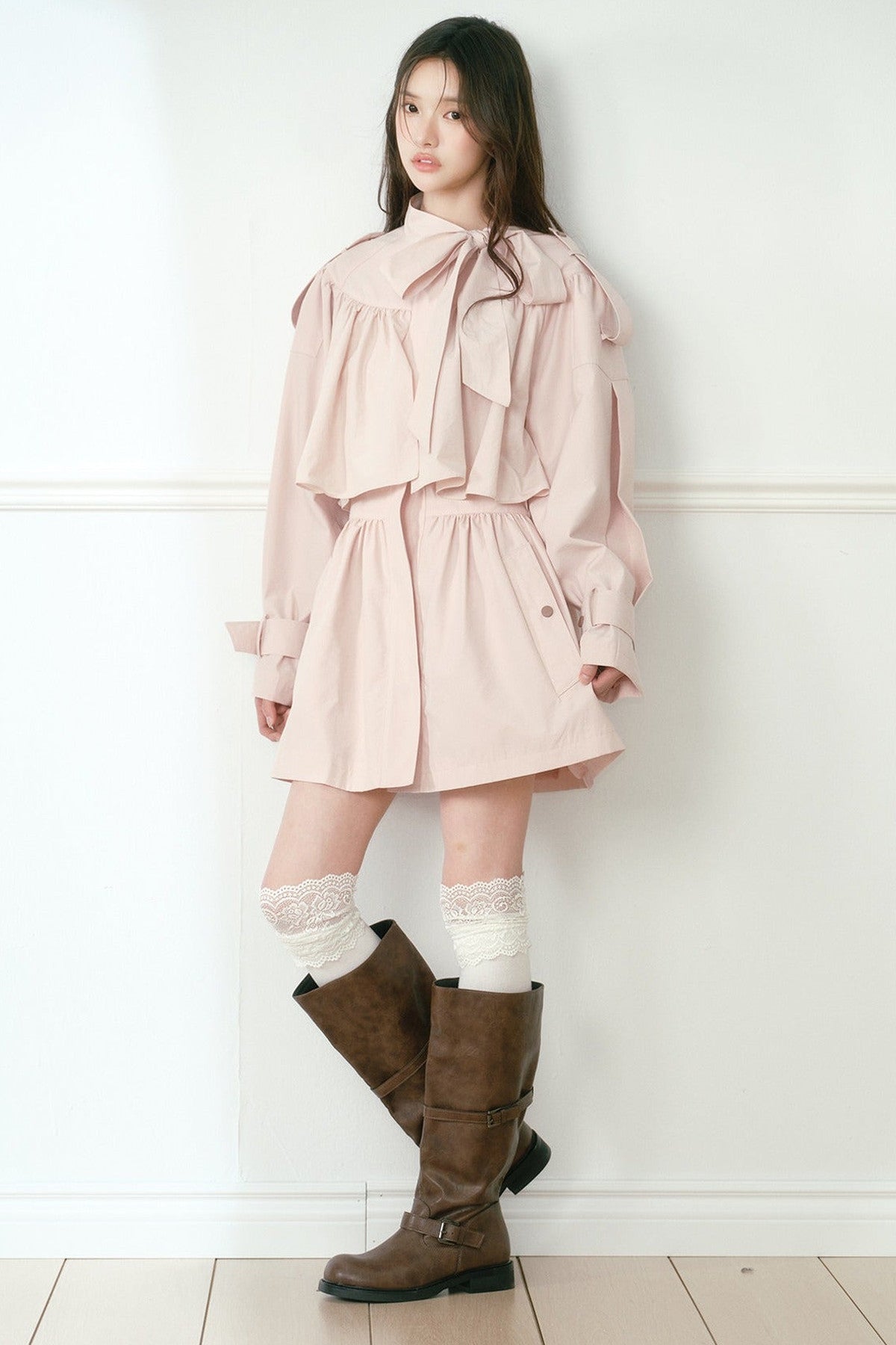 Ruched Bow Tie Cape Trench Coat