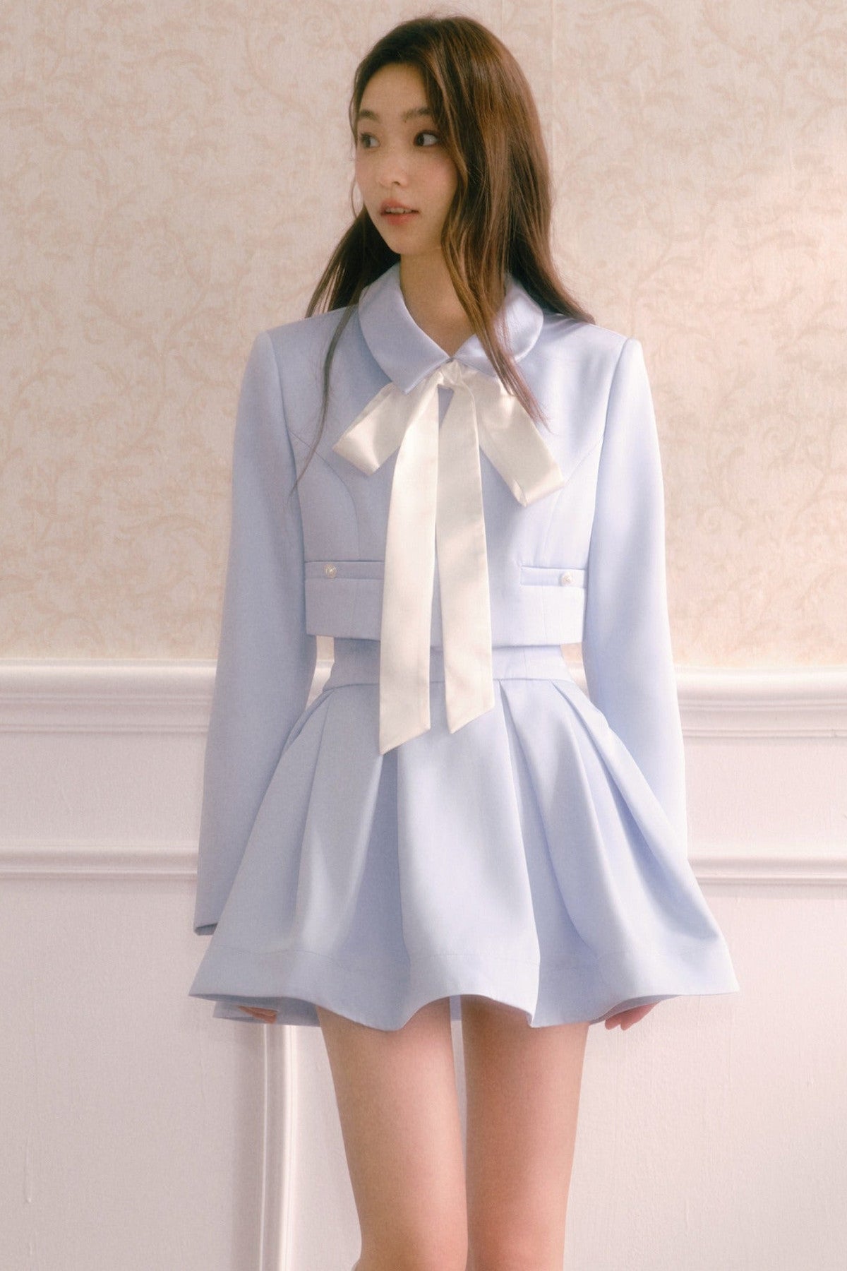 Satin Jacket and High-Waisted Pleated Skirt Set-Up