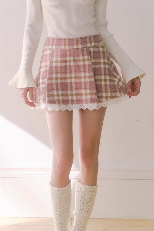 Wide Pleated Plaid Patchwork Skirt