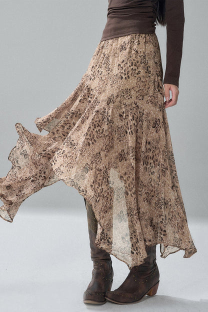 Asymmetrical Leopard Print Chiffon Skirt