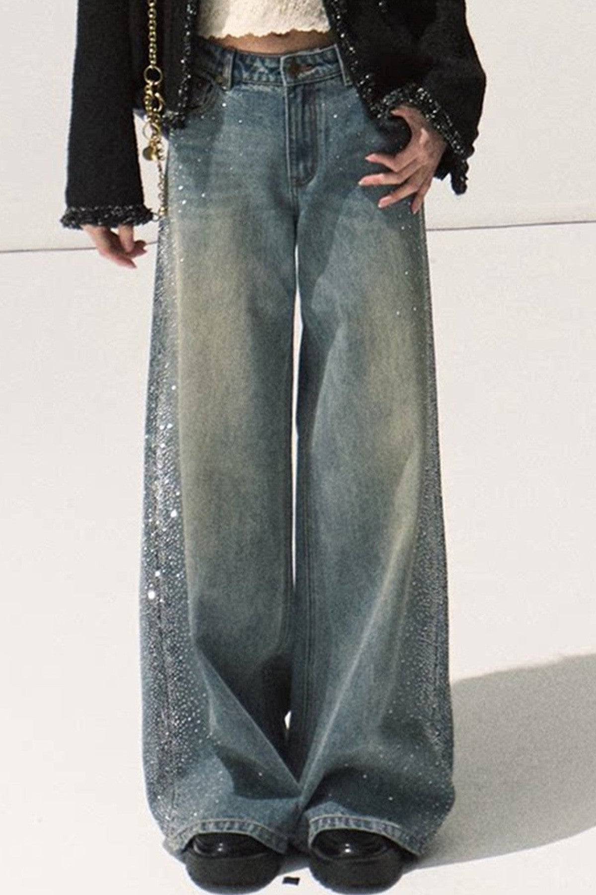 Rhinestone Wide-Leg Jeans