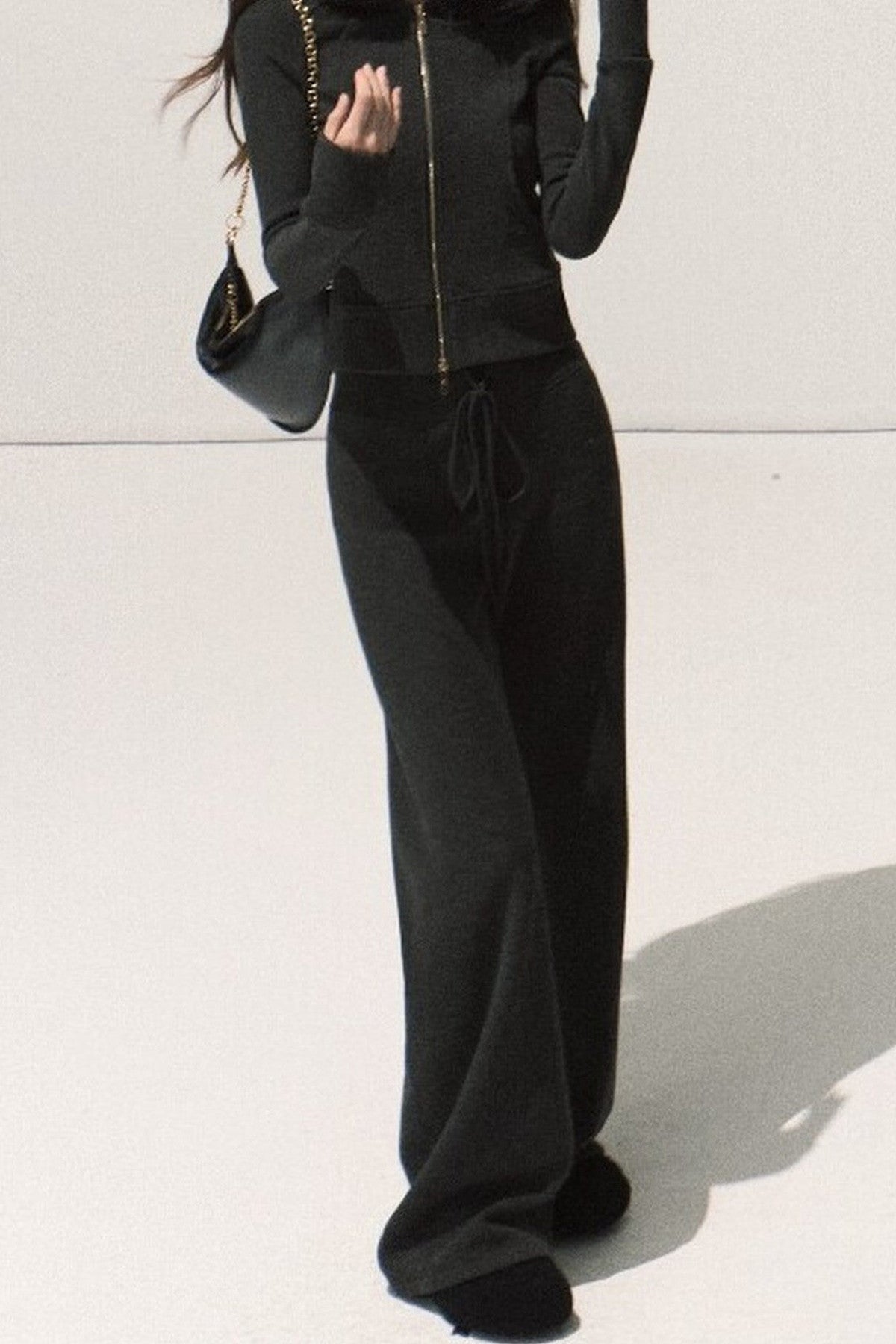 Detachable Fur Collar Knit Jacket and Wide-Leg Pants Set-Up