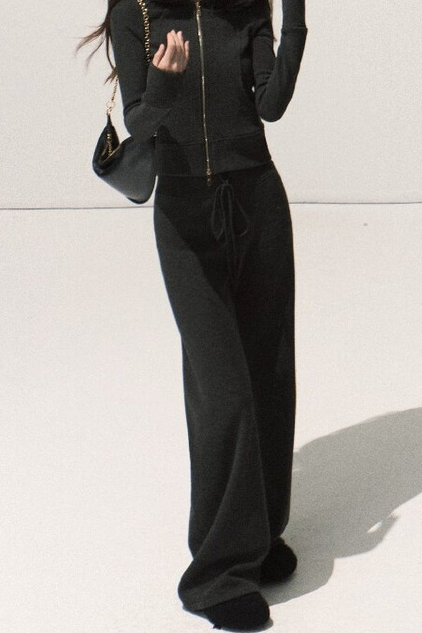 Detachable Fur Collar Knit Jacket and Wide-Leg Pants Set-Up