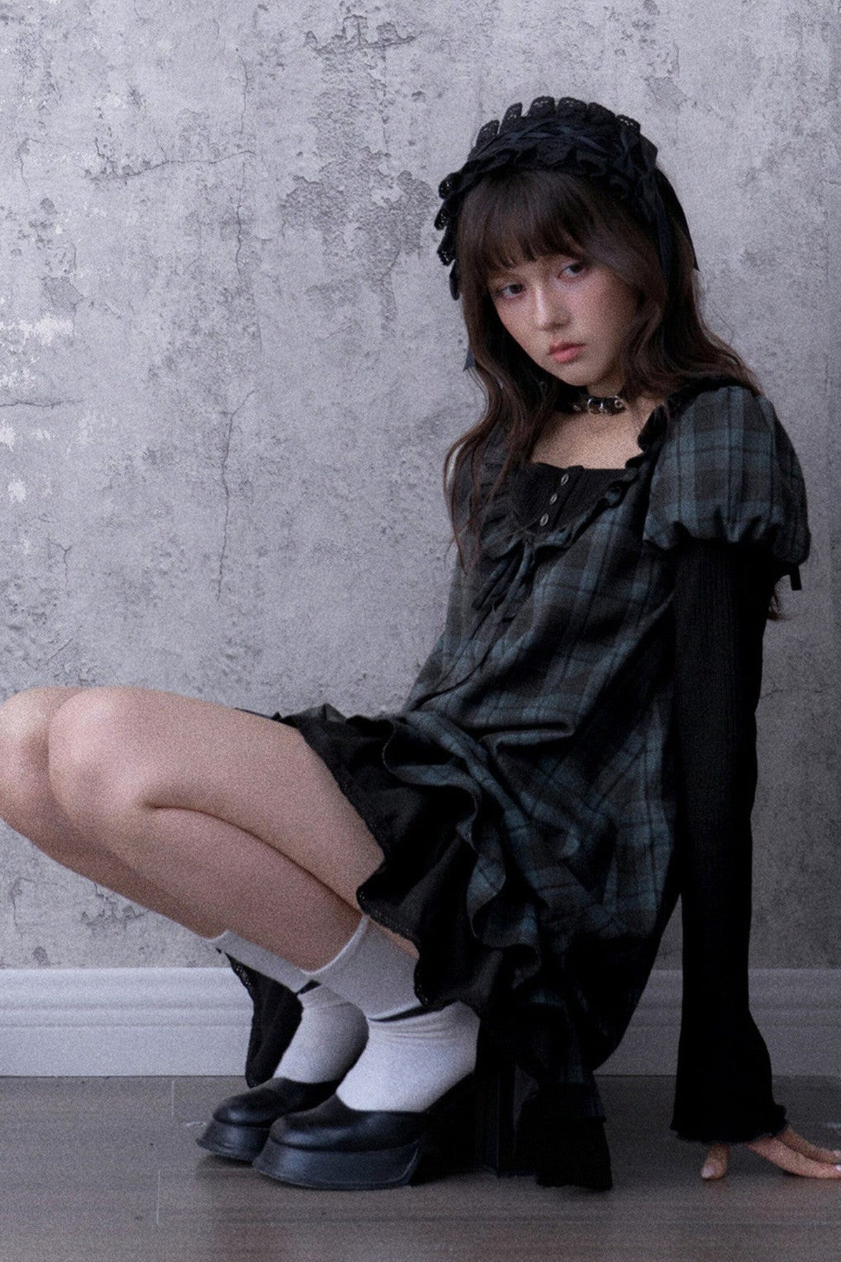 Robe babydoll à carreaux bleu et noir