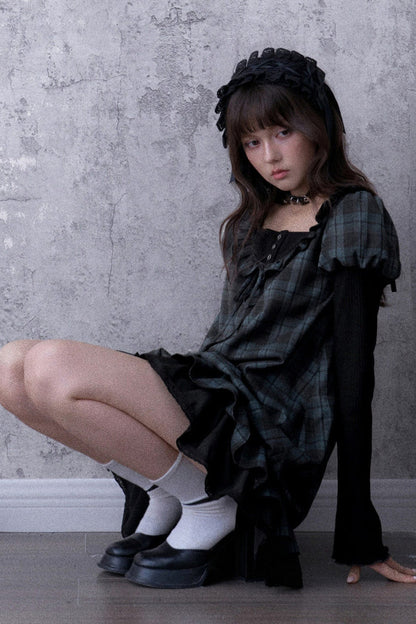 Robe babydoll à carreaux bleu et noir