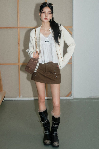 Brown Napoleon Button Skirt, Jacket and Top Set