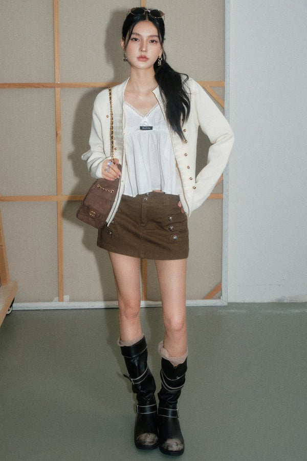 Brown Napoleon Button Skirt, Jacket and Top Set