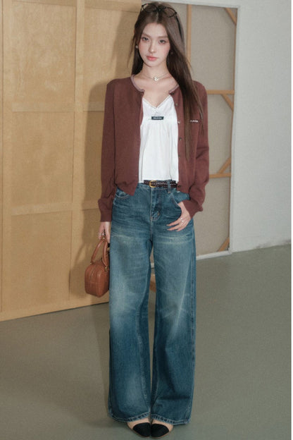 Round Neck Knit Cardigan and Skirt Set-Up