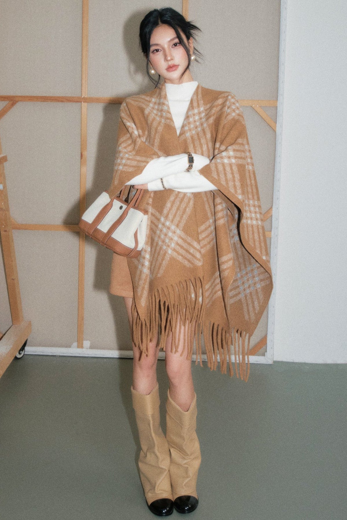Tassel Plaid Scarf Cape Set-Up