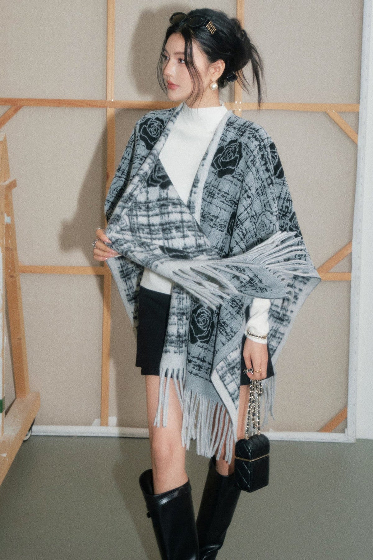Plaid Rose Tassel Shawl Set-Up