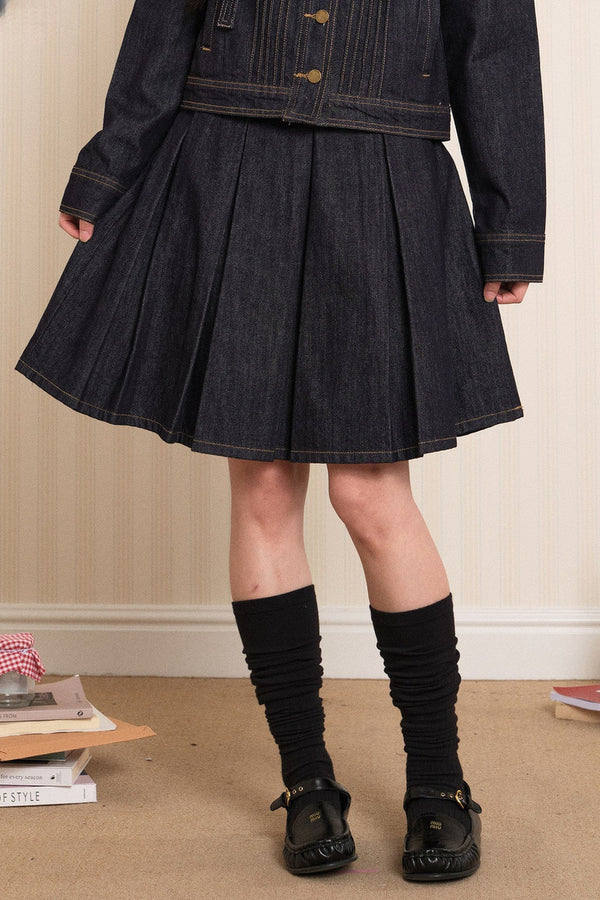 Washed Denim Pleated A-Line Skirt