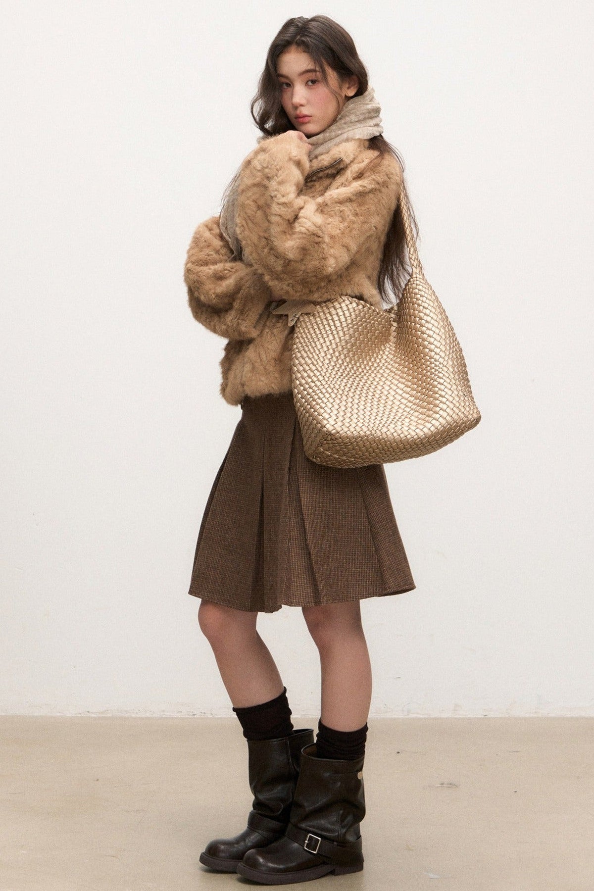 Camel Suede Lapel Fur Top Set-Up