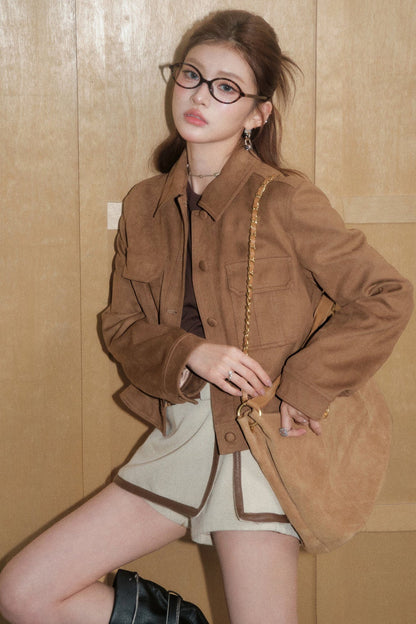 Faux Suede Lapel Jacket, Top and Pants Set-Up