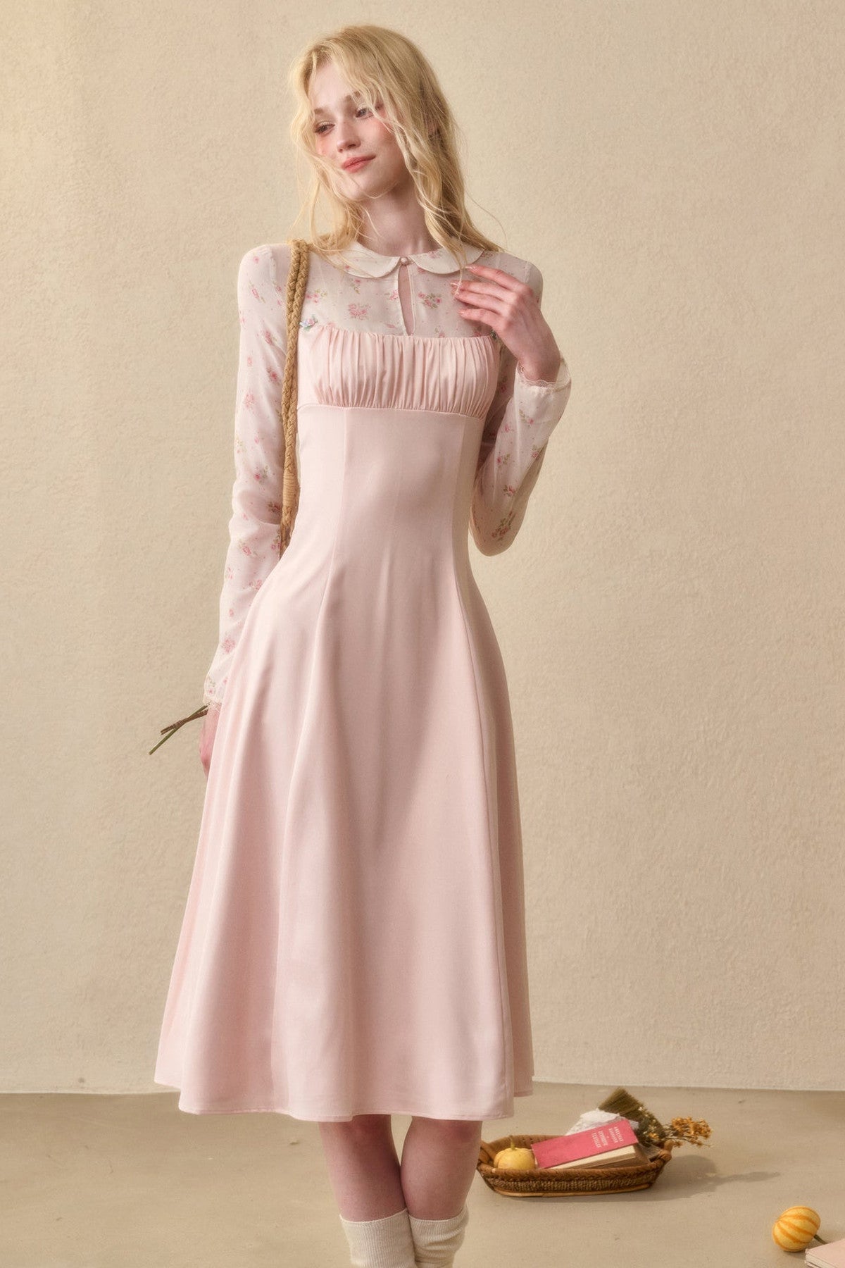 Peach Floral Satin Tencel Dress With Skirt Set-Up