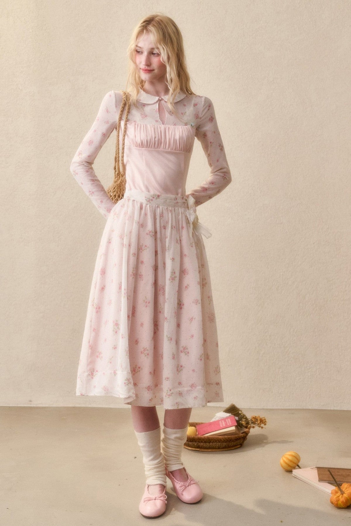 Peach Floral Satin Tencel Dress With Skirt Set-Up