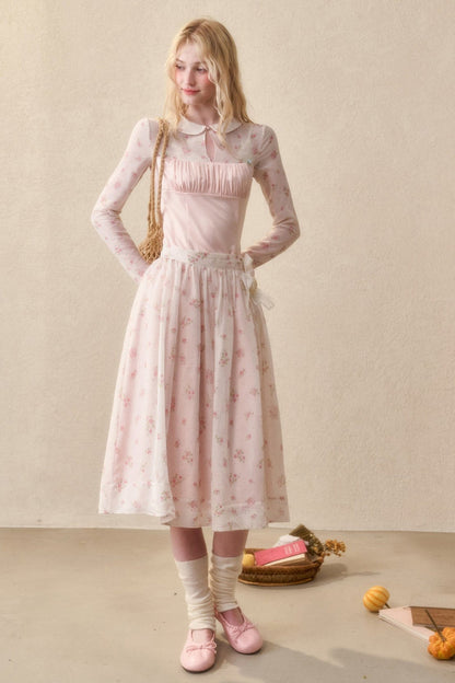 Peach Floral Satin Tencel Dress With Skirt Set-Up