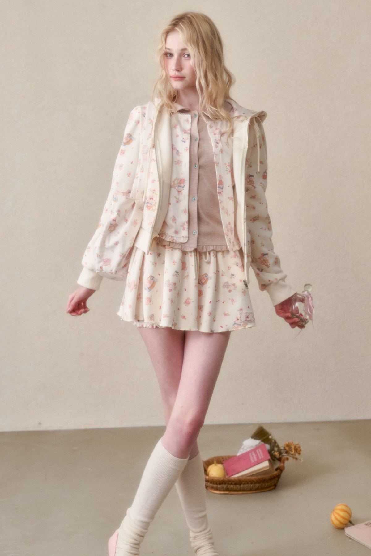 Bunny Print Hoodie Skirt Set-Up